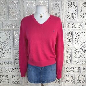 Ralph Lauren Sport Coral‎ Pink V Neck Sweater Sz XL Fits Smaller Preppy Academia